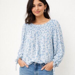 Mimi & Daphne Blue Ditsy Floral Blouse Small Billowy Puff Sleeve Cottagecore